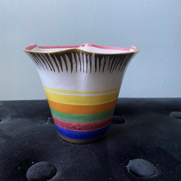 Vintage Planter Italy Hand Painted Succulent Scalloped Rainbow Gold Trim - Picture 1 of 7